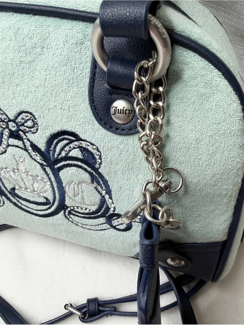NWT Juicy Couture Terry Cloth Satchel Crossbody Purse Blue Rhinestone Crown